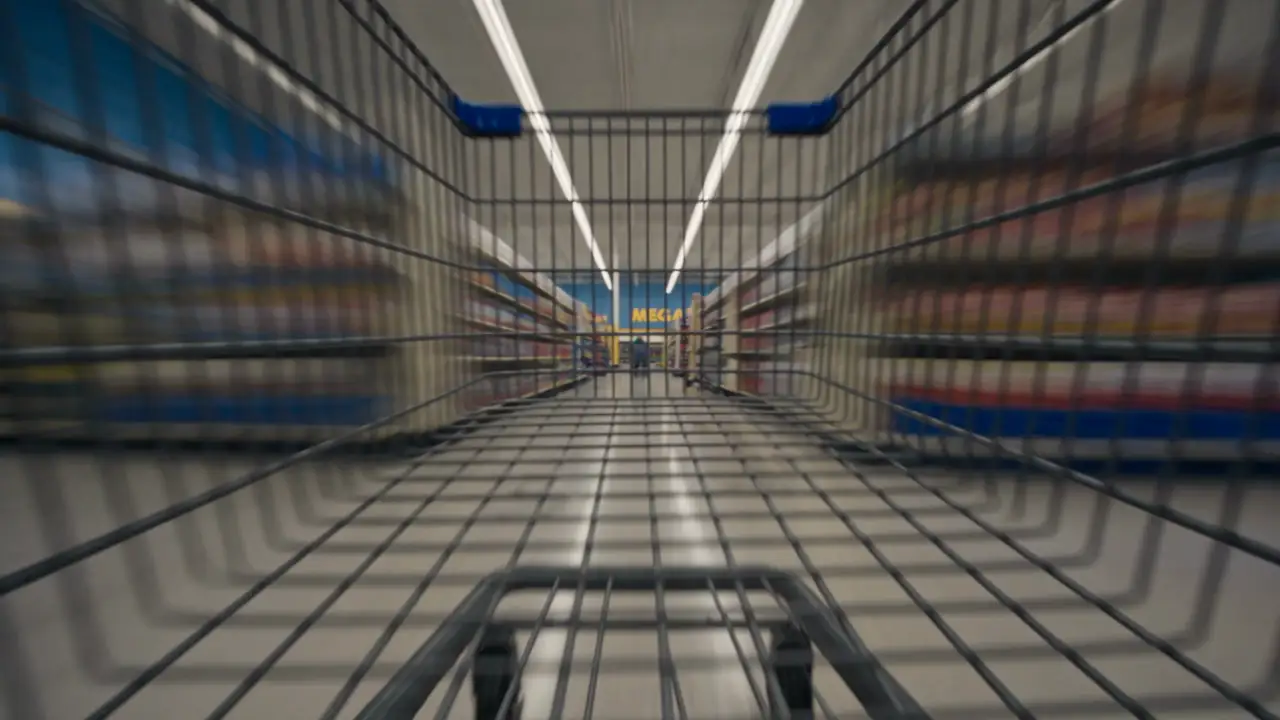 A shopping cart in the MEGA-MART aisle at the opening of the fifteen-second chase.